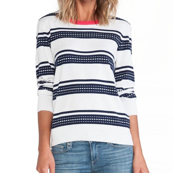 Equipment Shane Geo Stripe Crew Neck Sweater Large Peacoat Multi - Picture 1 of 9